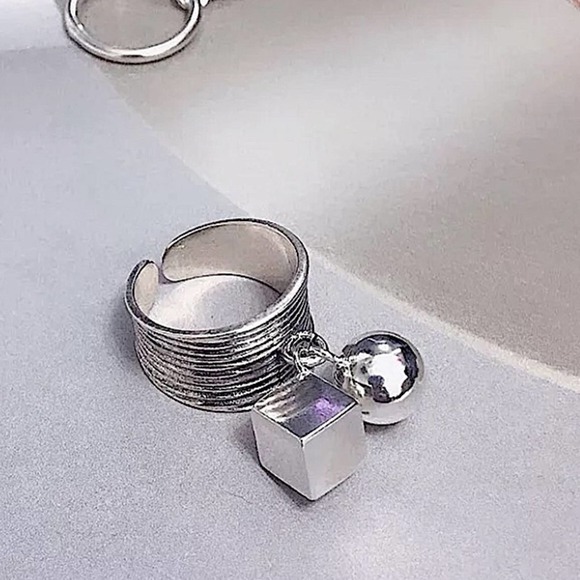 STERLING SILVER BALL SQUARE CHARM BAND ADJUSTABLE RESIZABLE RING - Picture 5 of 13